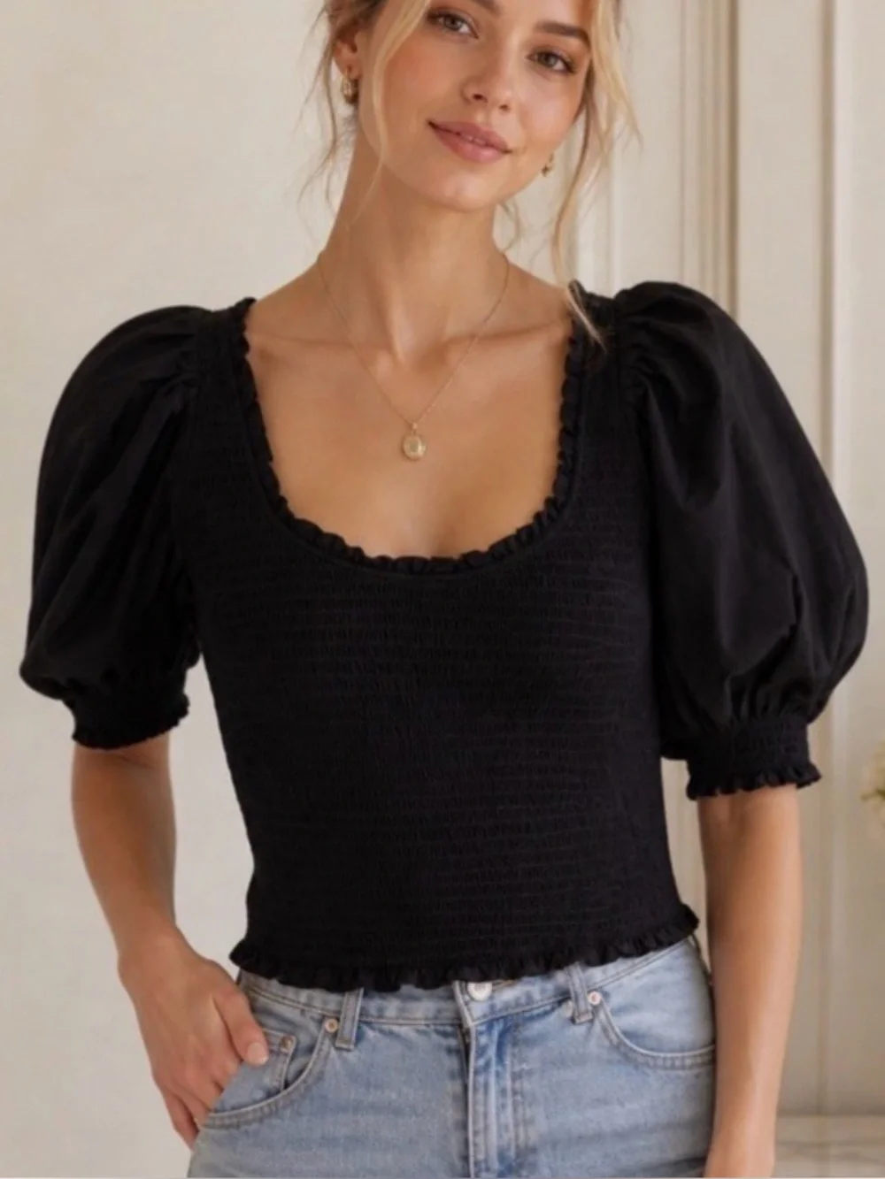 Hill House Black Smocked Puff Sleeve Crop Top